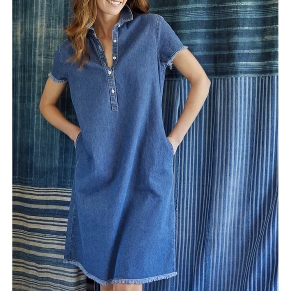 J.McLaughlin Carly Denim Shift Dress Women Blue Raw Hem Short Sleeve Pocket Sz S